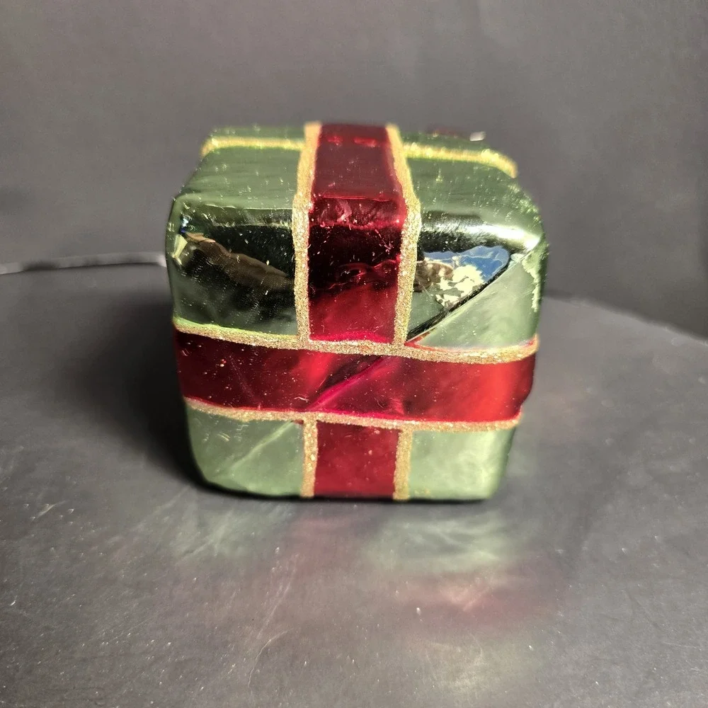 Glass Present Gift Box Christmas Ornament Red Green Glitter Holiday‎ Decor